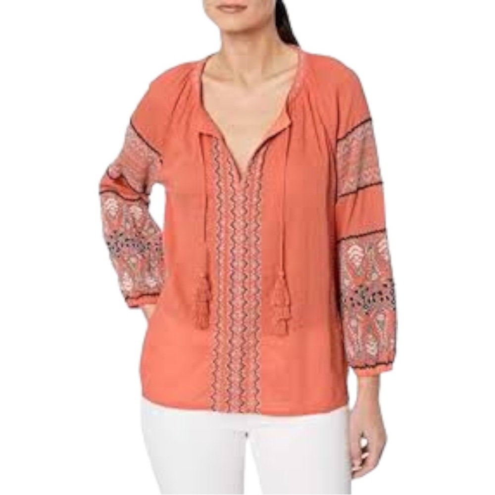 NWT Joie Cotton Embroidered Nelida Blouse with Tassel Tie in Blood Orange